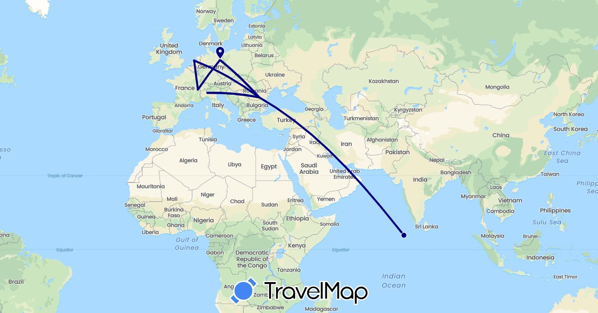 TravelMap itinerary: driving in Switzerland, Germany, Italy, Maldives, Netherlands, Romania (Asia, Europe)